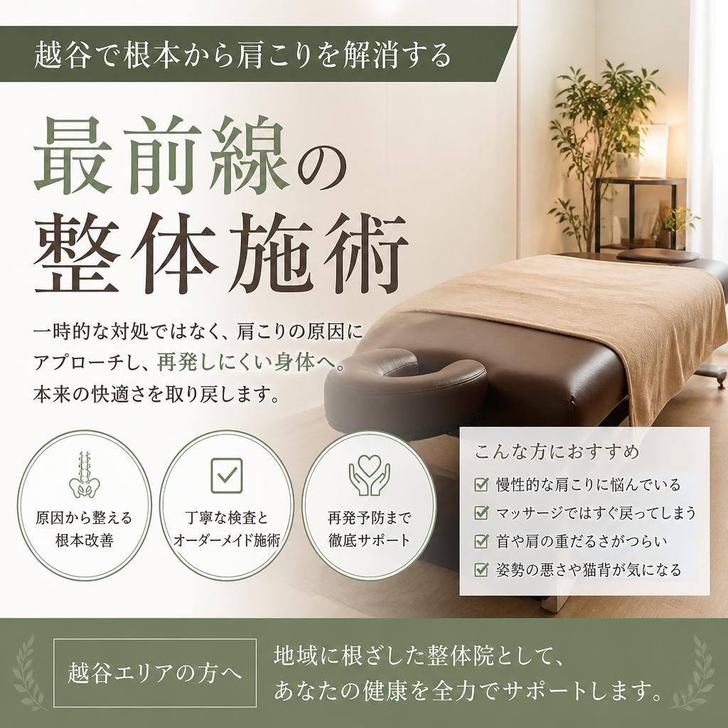 越谷で根本から肩こりを解消する、最前線の整体施術