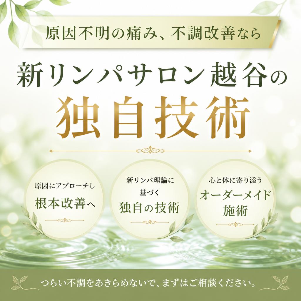 原因不明の痛み、不調改善なら新リンパサロン越谷の独自技術