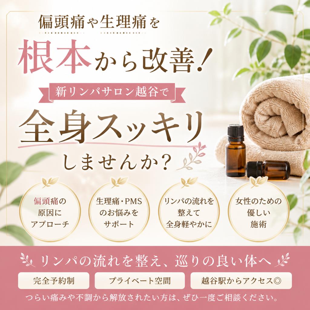 偏頭痛や生理痛を根本から改善！新リンパサロン越谷で全身スッキリしませんか？