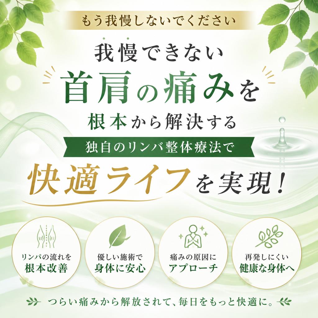 我慢できない首肩の痛みを根本から解決する、独自のリンパ整体療法で快適ライフを実現！